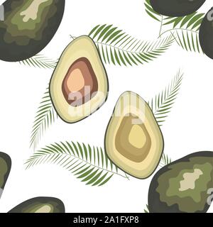 Seamless pattern with avocado slices and leaves of monstera on light background Stock Vector