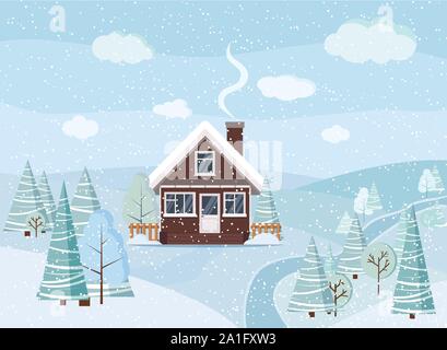 Winter snowy landscape scene with brick house, winter trees, spruces, clouds, river, snow, fields. Stock Vector