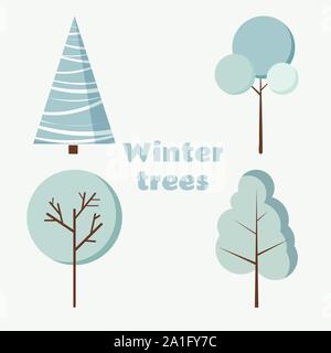 Set of isolated winter trees on white background in cartoon flat style. Stock Vector