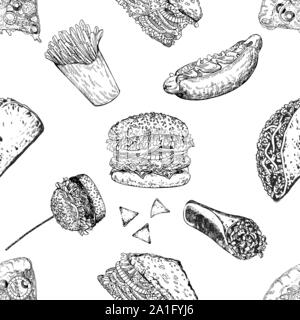 Seamless pattern of hand drawn sketch style fast food isolated on white background. Vector illustration. Stock Vector