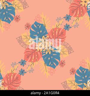 Abstract drawing in scandinavian style. Modern illustration with tropical leaves, grunge, marbling textures, doodles, minimal elements. Creative seaml Stock Vector