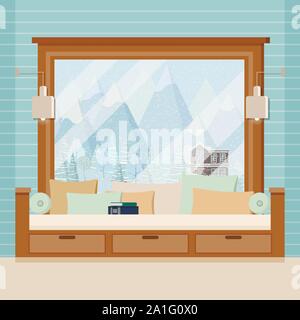 Wooden room window frame with lamps, sofa, pillows and book in flat cartoon style. Stock Vector