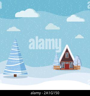 Winter landscape with a-frame country house, winter spruces, clouds, snow in cartoon flat style. Stock Vector