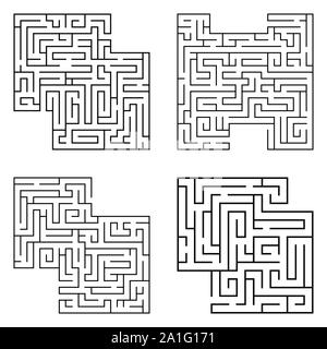 Set of four solated black mazes, labyrinth beginning complexity on white background. Stock Vector