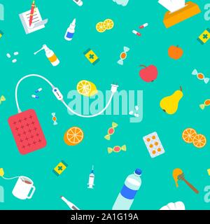Flu and cold treatment seamless background pattern. Simple flat vector tileable backdrop with medical icons of pills, fruits, heating pad, hot tea, va Stock Vector