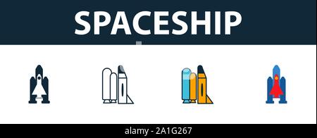 Spaceship icon set. Four simple symbols in diferent styles from space icons collection. Creative spaceship icons filled, outline, colored and flat Stock Vector
