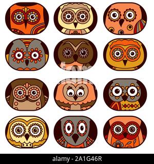 Set of twelve cute owl faces placed in oval and isolated on a white background, cartoon vector black outlines as icons Stock Vector