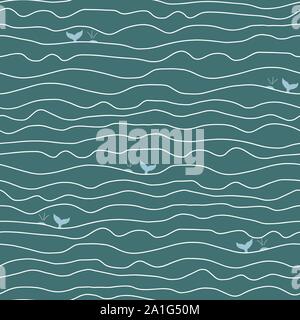 Ocean abstract waves and whales seamless vector pattern. Hand drawn blue and teal background marine doodle lines. Repeating ocean animal backdrop Stock Vector
