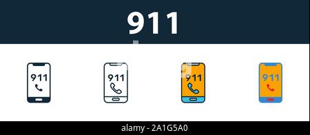 911 icon set. Premium symbol in different styles from fire safety icons collection. Creative 911 icon filled, outline, colored and flat symbols Stock Vector