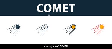Comet icon set. Four simple symbols in diferent styles from space icons collection. Creative comet icons filled, outline, colored and flat symbols Stock Vector