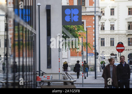 September 26, 2019, Vienna, Austria: The logo of the Organization of the Petroleum Exporting Countries (OPEC) at the headquarters. (Credit Image: © Omar Marques/SOPA Images via ZUMA Wire) Stock Photo