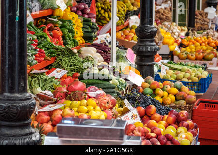 Tenerife, Spain - August 2019: People on food market buying and selling fruits and vegetables, Santa Cruz,  Tenerife Stock Photo