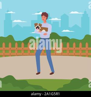 young man lifting cute dog mascot in the camp Stock Vector