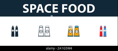 Space Food icon set. Four simple symbols in diferent styles from space icons collection. Creative space food icons filled, outline, colored and flat Stock Vector