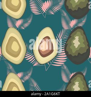 Seamless pattern with avocado slices and leaves of monstera on light background Stock Vector