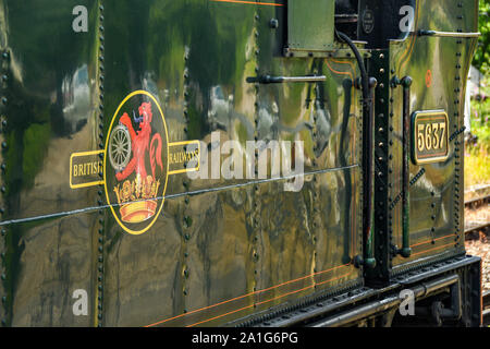 CRANMORE, ENGLAND - JULY 2019: British Railways logo on the side of a restored steam engine waiting at Cranmore Station on the East Somerset Railway. Stock Photo