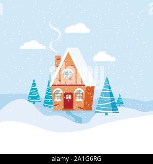 Winter landscape with country house, spruces, clouds, snow in cartoon flat style. Stock Vector