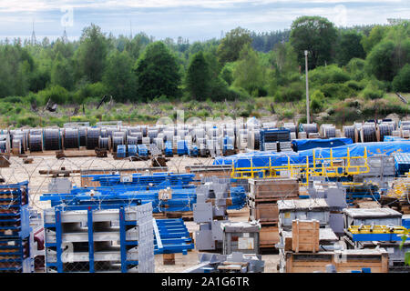 Gas equipment for laying a gas pipeline on the bottom of the Baltic sea Nord stream 2. Warehouse equipment in the open air. Plot near Narva Bay. Balti Stock Photo
