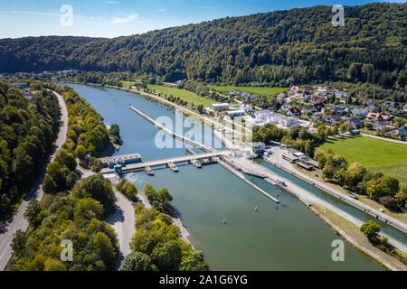 Aerial view of the Riedenburg lock on the Main-Danube Canal / Europa Canal in the Altmühltal Nature Park in Bavaria Stock Photo