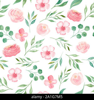 Blooming seasonal pink flowers seamless watercolor raster pattern. Orchid, chrysanthemum petals and green leaves decorative background. Flourishing pl Stock Photo