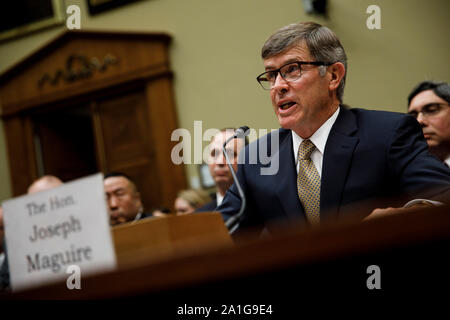 Washington, USA. 26th Sep, 2019. U.S. Acting Director of National Intelligence Joseph Maguire testifies before the House Intelligence Committee during a hearing titled 'Whistleblower Disclosure' on Capitol Hill in Washington, DC, the United States, on Sept. 26, 2019. Credit: Ting Shen/Xinhua Credit: Xinhua/Alamy Live News Stock Photo