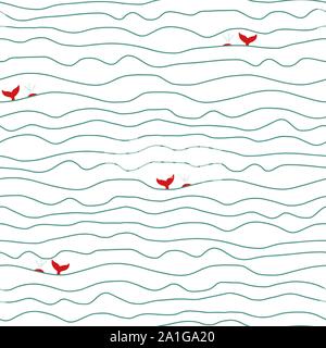 Whales in the ocean abstract waves and lines seamless vector pattern. Hand drawn background marine doodle lines. Repeating ocean animal backdrop. Fish Stock Vector