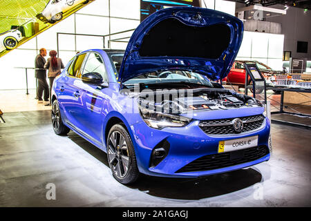 Frankfurt, Germany, Sep 2019 all new electric OPEL Corsa-e F, IAA, PSA CMP EMP1 platform, 6th gen, 2020 model year supermini EV car produced by Opel Stock Photo