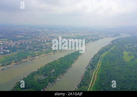 BELGRADE, SERBIA -17 JUN 2019- Aerial landscape view of the Belgrade area, the capital of Serbia. Stock Photo