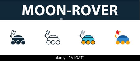 Moon-Rover icon set. Four simple symbols in diferent styles from space icons collection. Creative moon-rover icons filled, outline, colored and flat Stock Vector