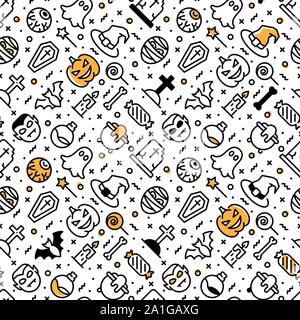 Halloween seamless pattern with thin line icons Stock Vector