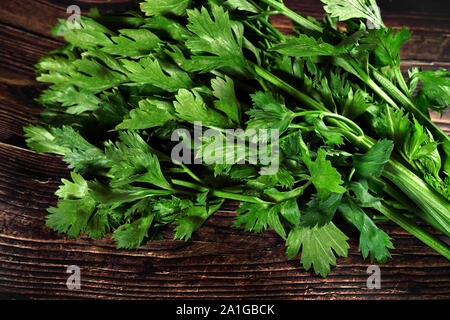 Green celery leaves used as herb, on dark wooden board, closeup photo Stock Photo
