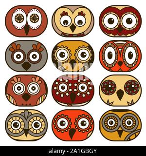 Set of twelve funny owl faces placed in oval forms and isolated on the white background, cartoon vector illustration as icons Stock Vector