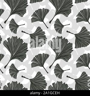 Ginkgo Biloba Plant Seamless Pattern, Large Black Leaves Silhouettes on Light Background. Vector Monochrome Illustration. Ayurvedic Medicine Theme. Japanese Tree. Stock Vector