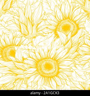 Sunflower hand drawn seamless vector pattern. Blooming flower ink pen yellow texture. Outline sketch illustration. Helianthus vintage freehand drawing. Floral, botanical wrapping paper, textile design Stock Vector