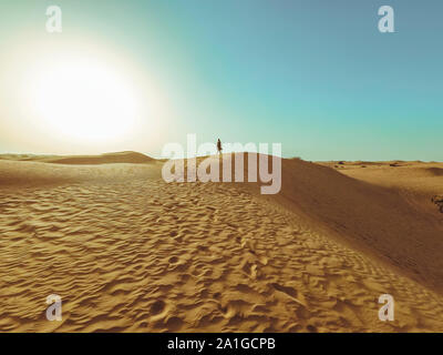 Young beautiful woman in  long dress and with a hat in the middle of the Dubai desert with sunlight. Stock Photo