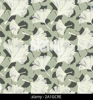 Ginkgo Biloba Botany Plant, Line art Pale Sage Colored Leaves on Ivory Background. Health Monochrome Pattern. Ayurvedic Medicine Theme. Vector Illustration for Wallpaper or Textile Design Stock Vector