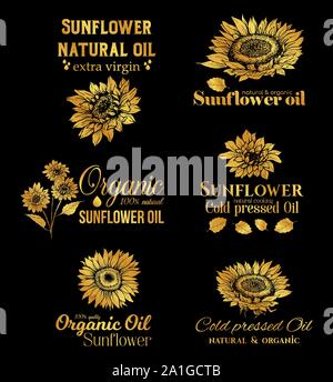 Golden Sunflower Oil Logos Set, Technology Wildflower Logo Templates for Brabding Identty. Gold Vector Isolated Flowers Hand Drawings with Lettering Stock Vector