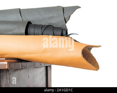 Rolls of leather, dark and lighter colors, closeup with lots of texture Stock Photo