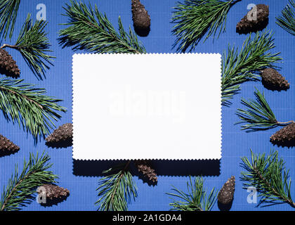 Christmas background with note paper on blue. Decor from pine branches and cones Stock Photo