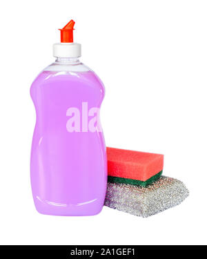 Two foam sponges and pink or lilac dishwashing liquid in a transparent plastic bottle isolated on a white background. Kitchen detergent. Stock Photo