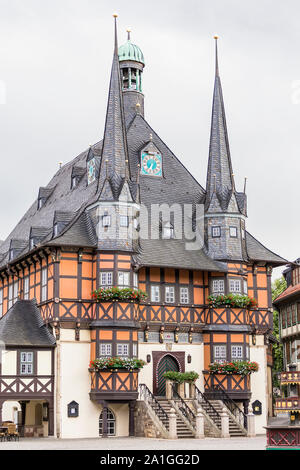 Town Hall - one of the most famous architectural monuments in Germany - is a symbol of Wernigerode. Stock Photo