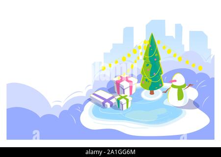 New year and Christmas outdoor scene. Winter cityscape background with snowman and christmas tree, giftbox on ice rink. Cold season holydays card. Isometric view, Vector lending page illustration. Stock Vector
