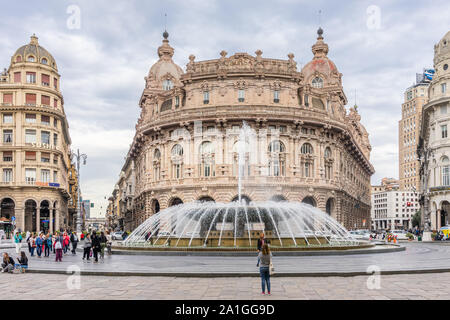 Fountain at the Piazza de Ferrari in the city centre of Genoa (Genova) 2019, Liguria, Italy Stock Photo