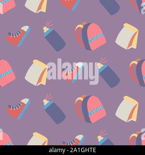 Retro flat seamless pattern with backpack, spray paint, lunch and shoes on violet background. Hand drawing education collection. Cartoon style. Vector doodle print design. Stock Vector