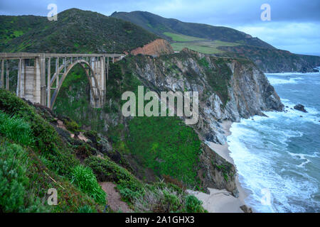 Bixby Bridge Along Blue Pacific Ocean Coast in California Stock Photo