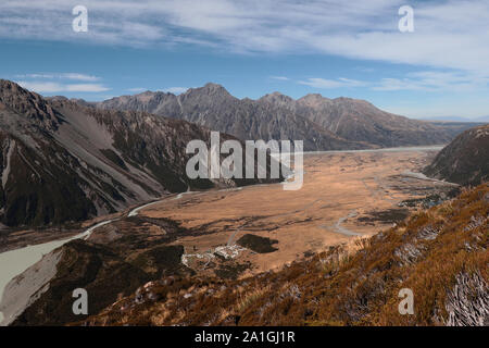Muller hut track in New Zealand, South Island, Mount Cook area, view to Mueller lake and Hooker Lake
