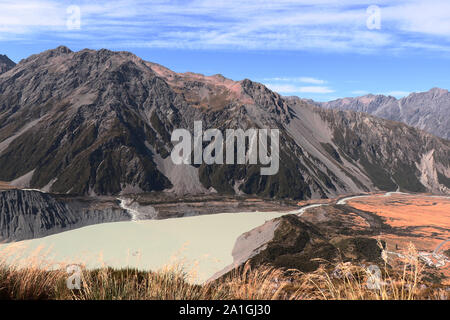 Muller hut track in New Zealand, South Island, Mount Cook area, view to Mueller lake and Hooker Lake Stock Photo