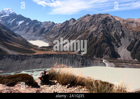 Muller hut track in New Zealand, South Island, Mount Cook area, view to Mueller lake and Hooker Lake