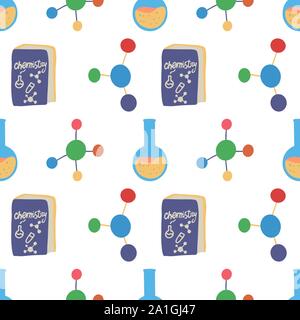 Seamless pattern with chemistry round flask, molecule structure and book for wallpaper design. Science, education, medical, pharmacy vector background. Chemistry lab. College education. Stock Vector