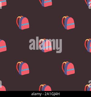 Flat seamless pattern pink backpack for fabric design, small scale, brown backdrop. Graphic background. Cartoon flat vector abstract surface design. Stock Vector